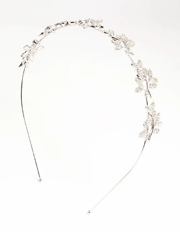 glitter hairpins for parties -Rhodium Diamante Leaf Cluster Headband