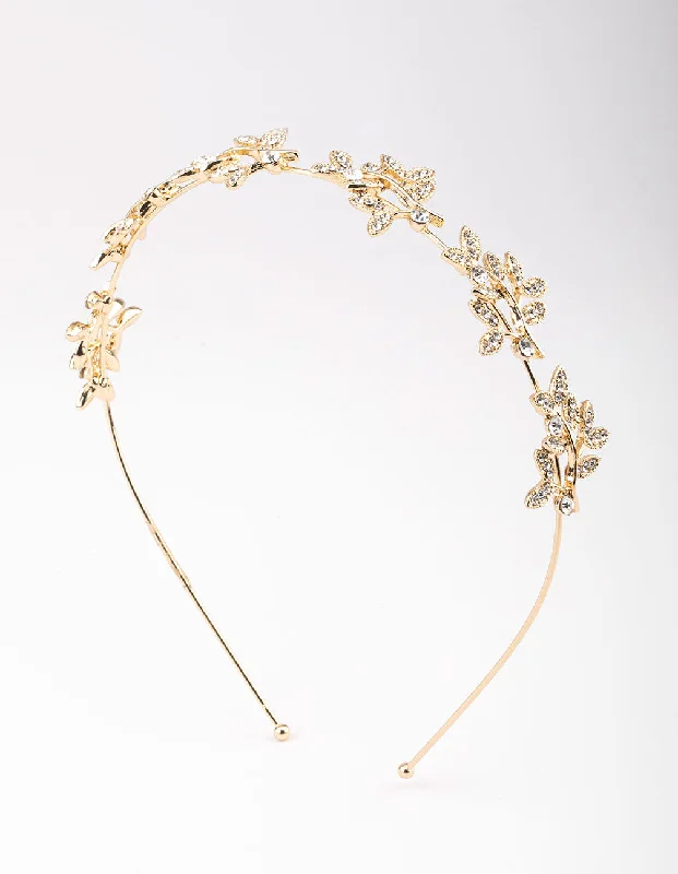 hair accessories for short hair -Gold Diamante Leaf Headband