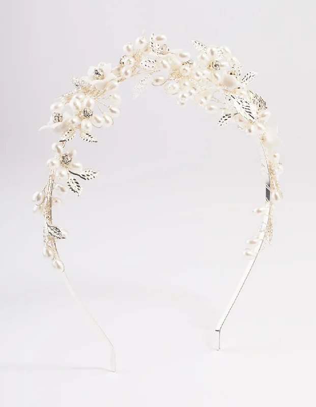 delicate hair accessories for long hair -Silver Flower & Leaf Vine Headband