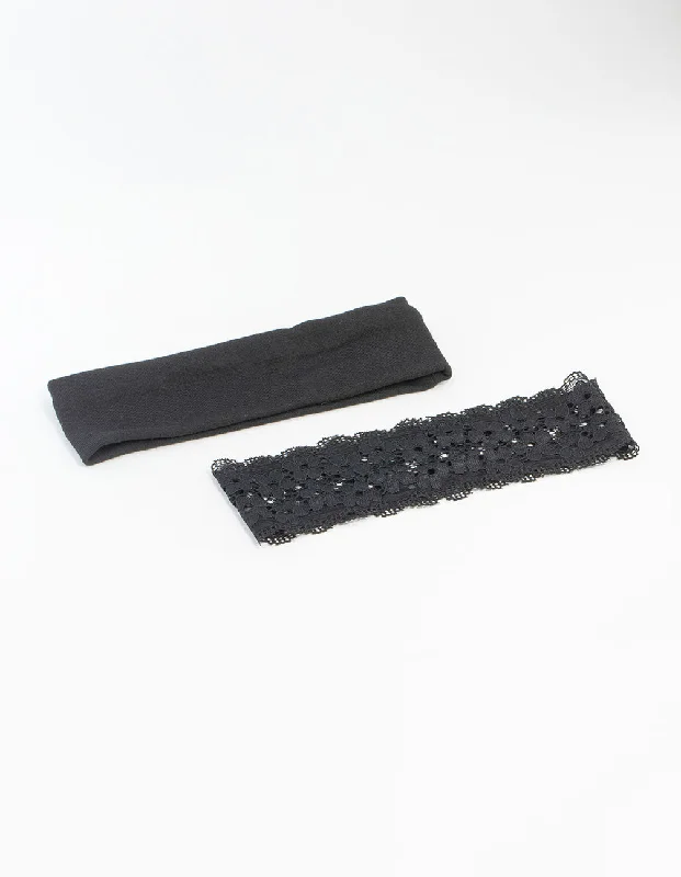 sparkly hairbands for festive occasions -Black Plain & Lace Headbands 2-Pack