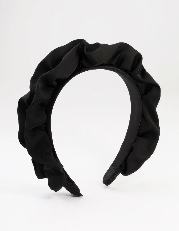 cute scrunchies for fine hair -Black Ruffle Satin Headband