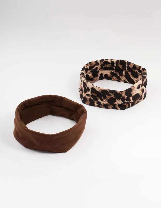 hair accessories for short hair -Brown & Leopard Print Stretch Fabric Headbands 2-Pack