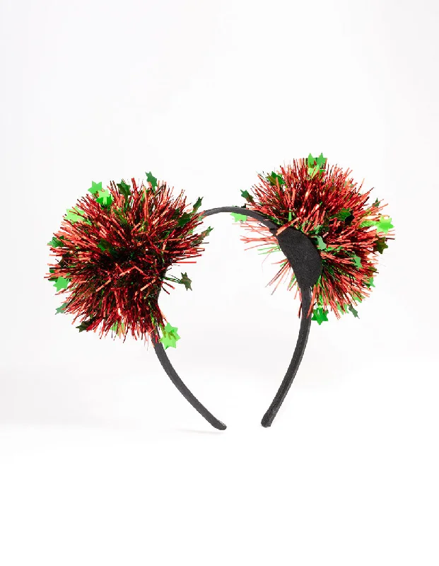 fabric hairbands for casual wear -Green & Red Tinsel Pom Pom Headband