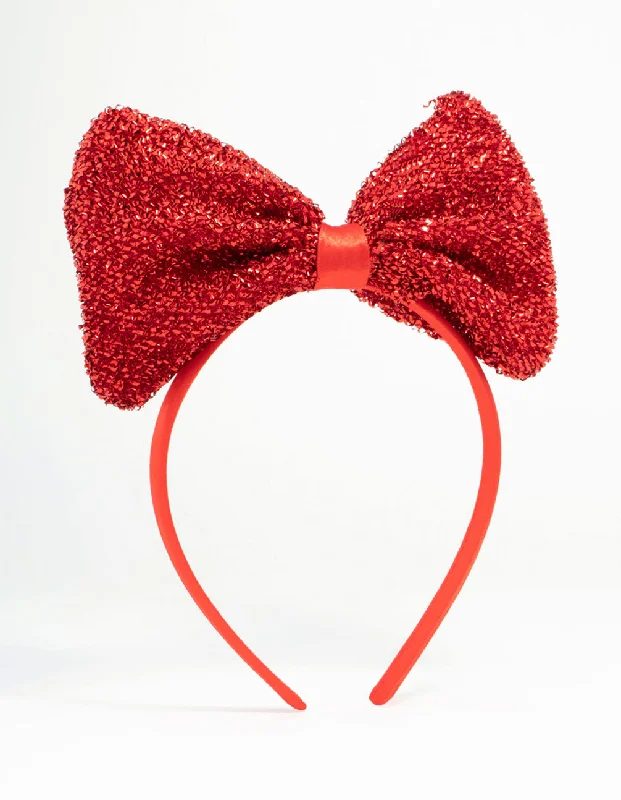 stylish fabric hairbands for casual chic -Kids Red Sparkly Bow Headband