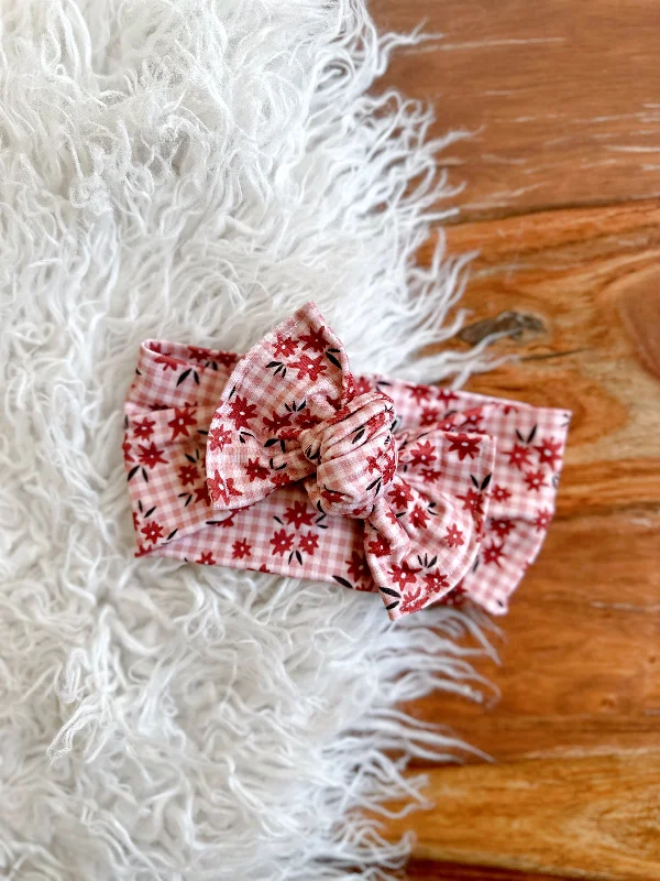 satin hair ties for fine hair -Mini Tieband - Rust Plaid Daisies