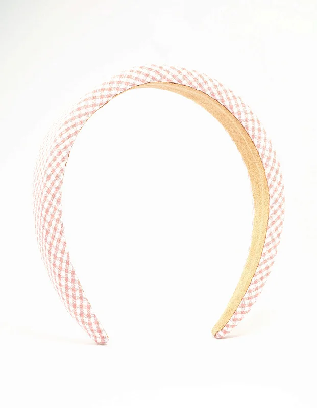 adjustable hairbands for comfort -Pink Gingham Fabric Headband