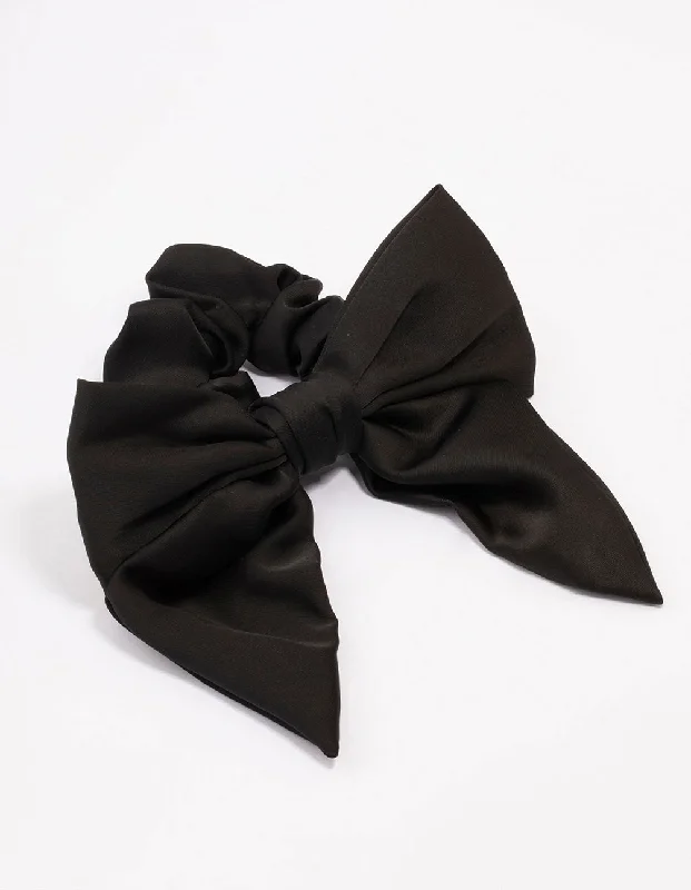 braided hair accessories for long hair -Black Satin Bow Hair Scrunchie