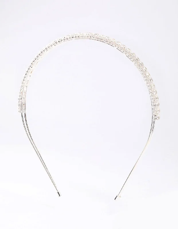 classic hairbands for women -Silver Cubic Zirconia Round Stone Encased Headband