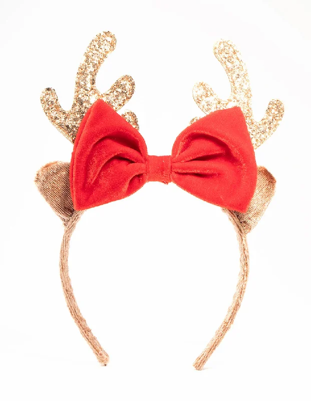 simple hair ties for everyday use -Red Bow & Glitter Reindeer Headband