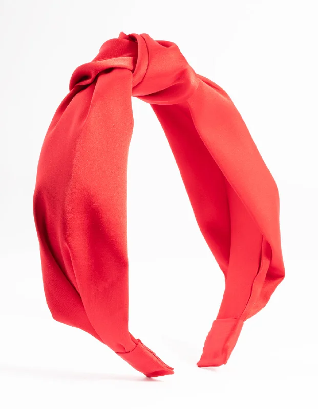 elegant hairbands for evening wear -Red Fabric Twist Knot Headband