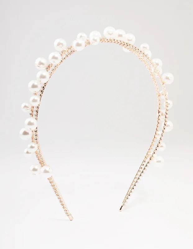 large hairbands for voluminous hair -Rose Gold Scattered Pearl Headband