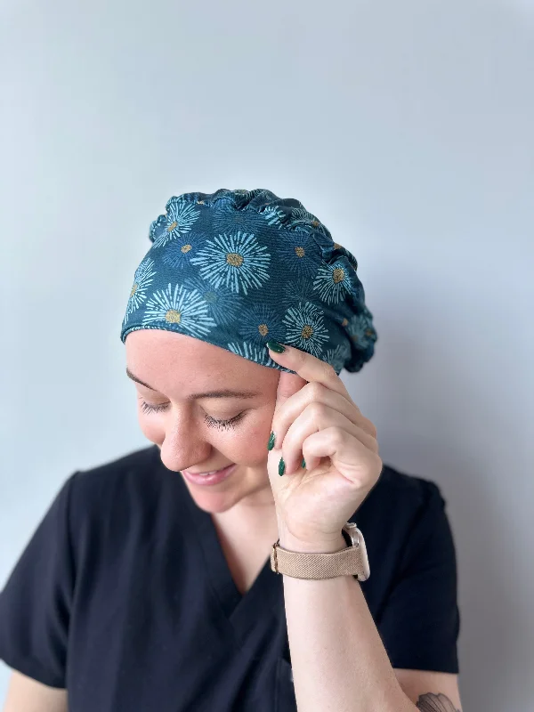 soft scrunchies for curly hair -Scrub Hat - Teal Flower Bursts