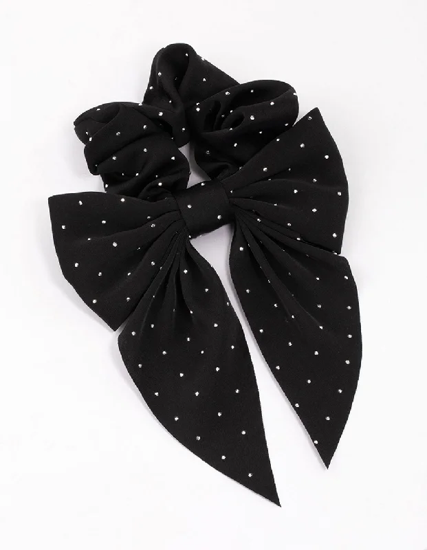 stylish hair clips for thick hair -Black Fabric Bow Diamante Hair Scrunchie