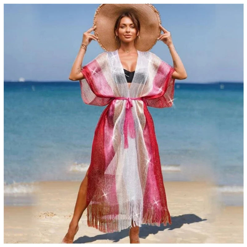 wigs for an effortless, fresh look every day-2024 Wholesale newong Vestido Feminino Bath Exits Fringe Tassel Colorful Rainbow Beachwear Cover-ups Women's Vacation Dress