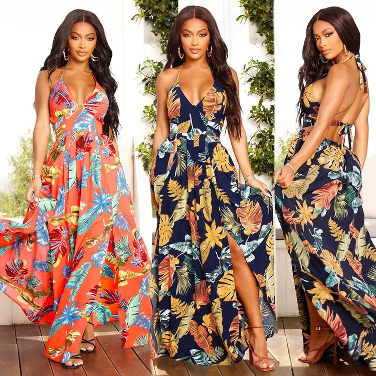 wigs for achieving a flawless hairline-Beach Dresses Wholesale Ladies Summer Longue Robe Plage Sans Manche Hot Sexy Halter Beach Suspender Maxi Long Dresses With Slits