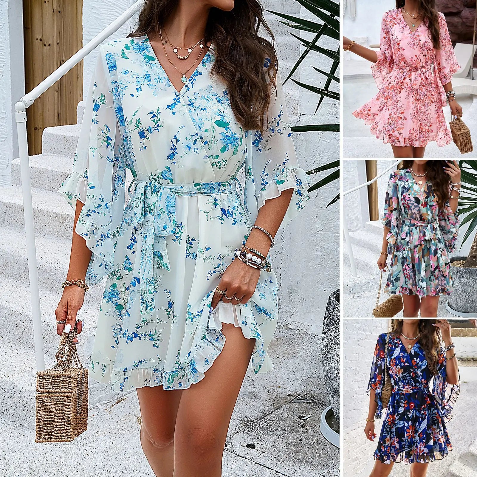 wigs for achieving natural, soft waves-D003 Wholesale 2024 Spring Summer Women Fashion Cute Floral V Neck Short Mini Bohemian Boho Casual Dress for girls