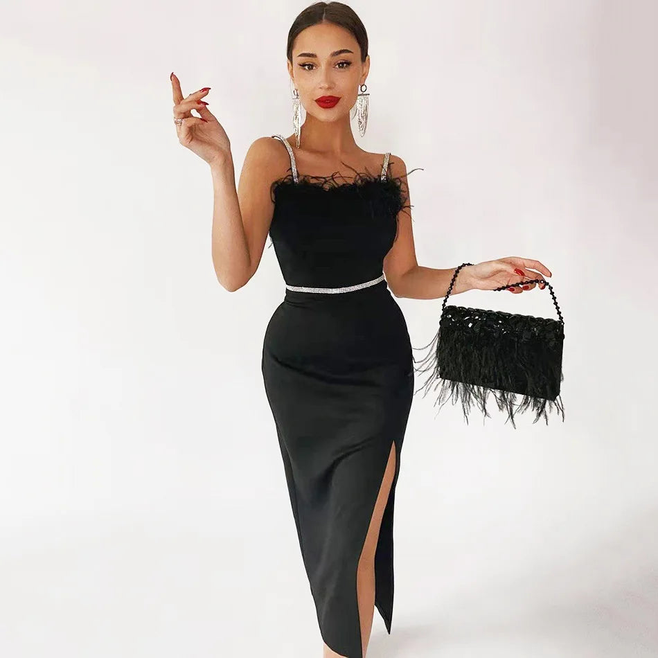 wigs for a fresh new look every day-Hot Sale Sexy Night Party Dresses Women Formal  Lady Elegant Black Feather Mini Bandage Dress