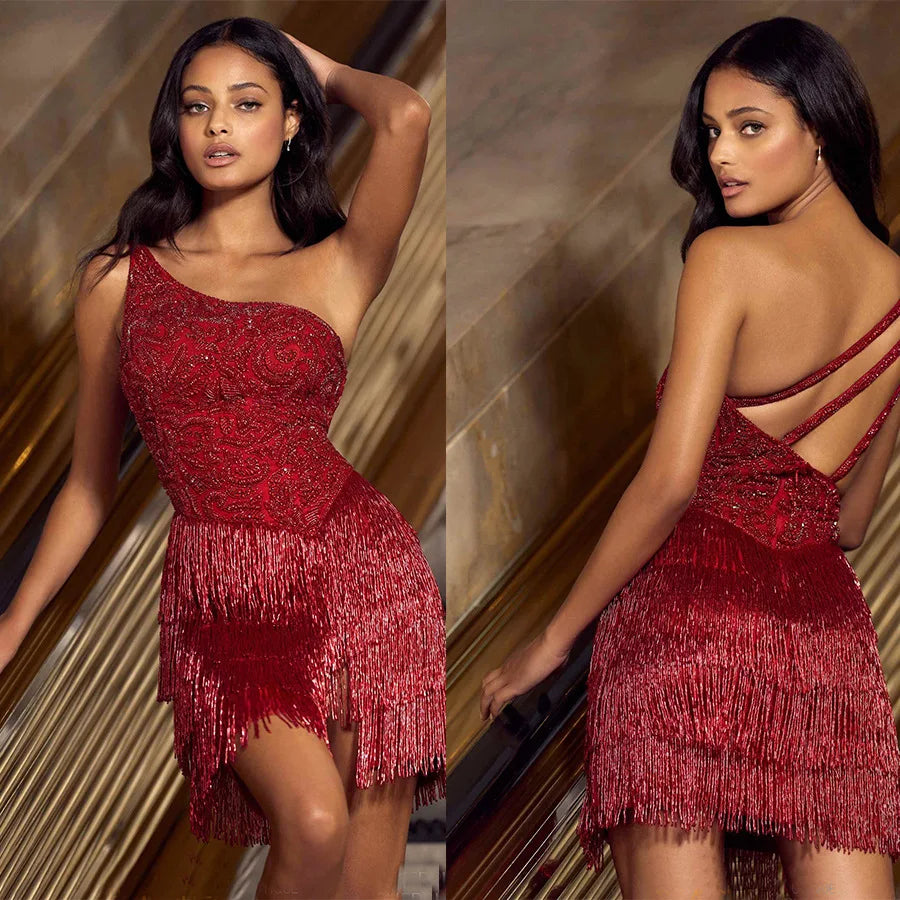 wigs for a refined and elegant appearance-Hot Sales ladies vintage one shoulder backless red embroidered irregular fringed dress for party