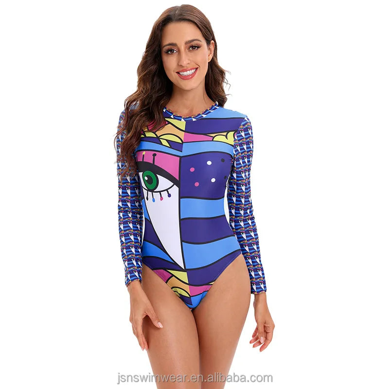 wigs for creating sleek, polished appearances-JSN72005 High quality best sales long sleeve pattern rashguard one piece swimsuit bikinis & beachwear women 2022 swimwear