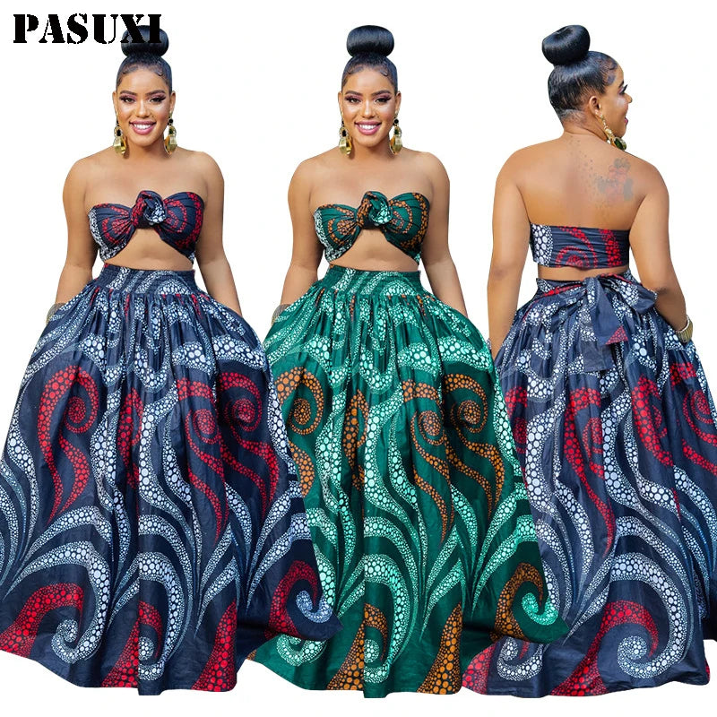 wigs for achieving sleek and shiny textures-PASUXI Wholesale Womens New Print Loose Skirt Set Strapless Crop Top Boho Maxi Skirt Ethnic African Print Plus Size Dresses