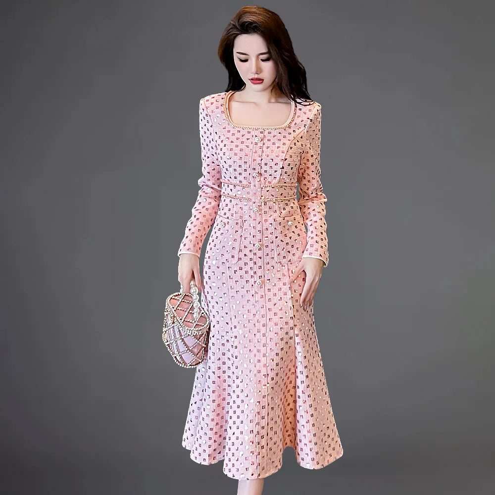 wigs for a soft and voluminous look-ZYHT 50696 Bulk Wholesale Fishtail Long Maxi Casual Pink Tweed Dress Women Formal Lady Elegant Dresses