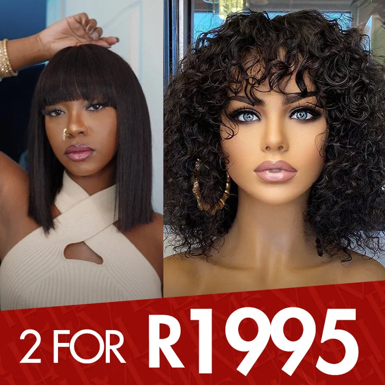 wigs for bold transformations and styles-2 For 1 | 12 Inches Yaki Straight Wig +10 Inches Water Wave Wig With Bangs