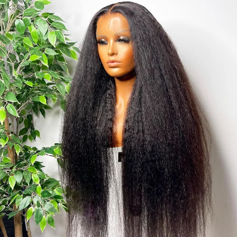 full lace wigs for long-lasting comfort-Natural Black Kinky Straight Ear To Ear Frontal Lace Wig