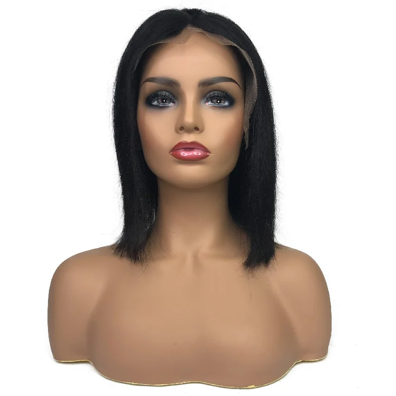 wigs for women with fine or thinning hair-Remy Straight 13"X 4"Lace Frontal Bob Wig  Natural