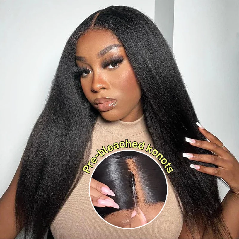 wigs for a flawless, smooth finish-MORE FACE Pre-bleached Knots Kinky Straight Wig 6x4 HD Pre-Cut Wear Go Glueless Wig Ready To Go Yaki Straight Lace Wig