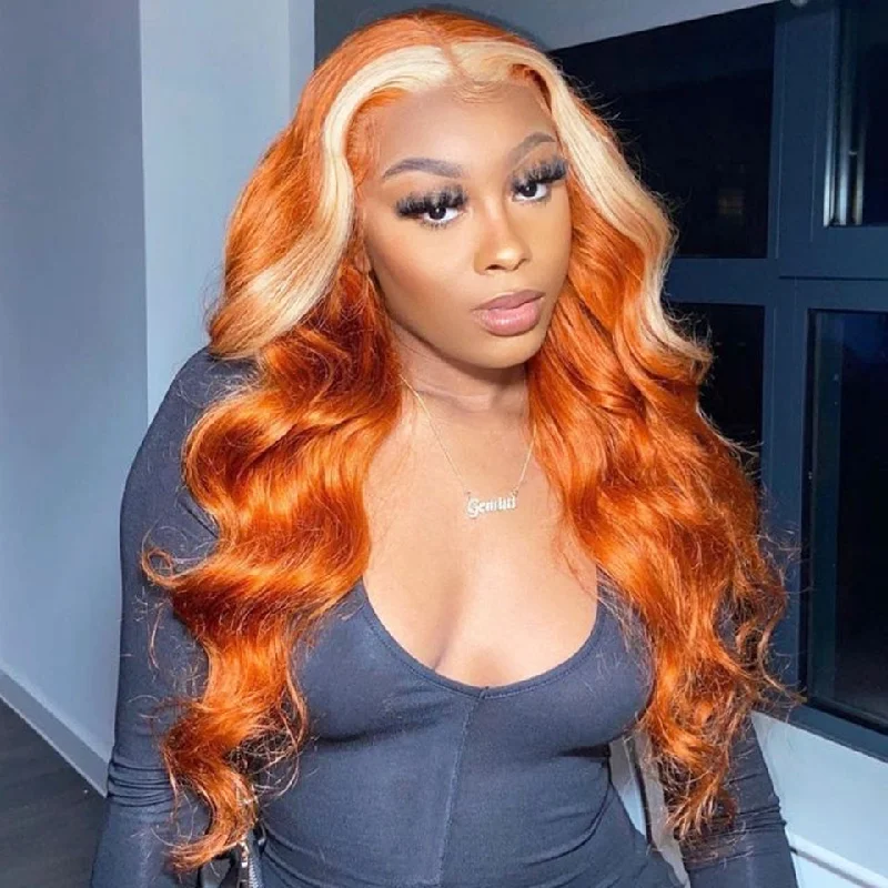 wigs for a fresh new look every day-MORE FACE Ginger Wig With Blonde Highlights Preplucked 13x4 Body Wave Lace Frontal Wig