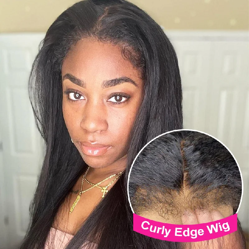 wigs for adding a sophisticated flair to your look-MORE FACE Realistic Kinky Edges Wig Silk Straight Lace Front Wig with Curly Baby Hair Natural Hairline