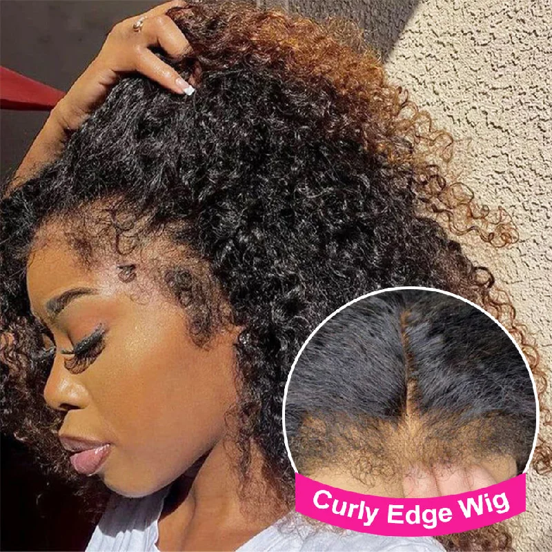 wigs for a professional, sleek appearance-MORE FACE Curly Edge Hairline Wig 13X4 Kinky Curly Lace Front Wig With Curly Baby Hair Edges