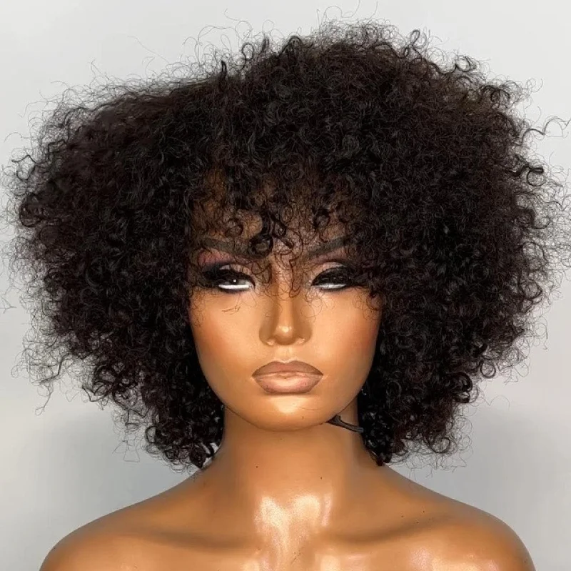 wigs for achieving natural, soft waves-Natural Afro Look Glueless HD Lace Wig With Bangs