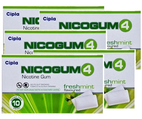 Nicogum 4 Nicotine Gum Chewing Gums Fresh Mint Sugar Free 10 pieces, PACK OF 5