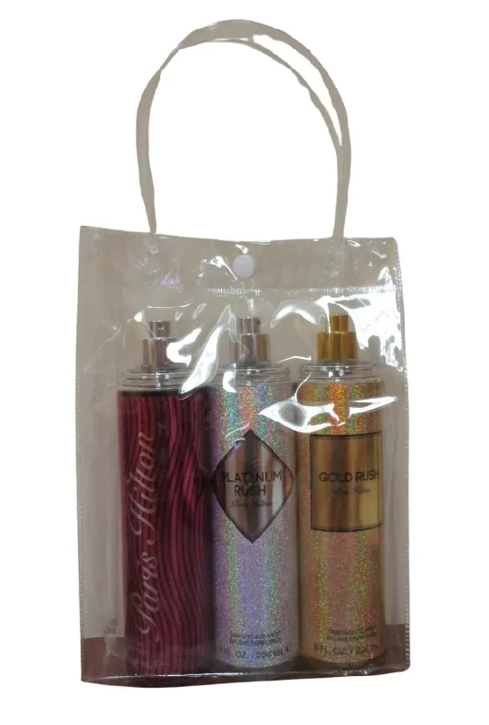 Paris Hilton Body Fragrance Mist Gift Bag Gold Rush, Platinum Rush, PH-3 Pack 8 oz