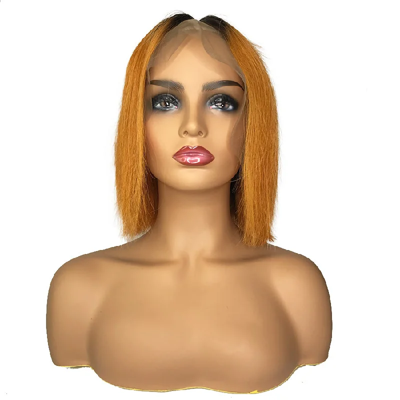 wigs for women with delicate, fine hair-Remy Straight 13"X 6"Lace Frontal Bob Wig Orange