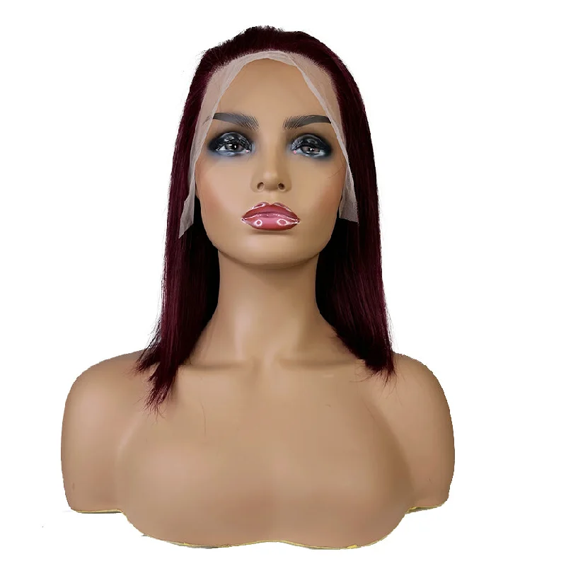 wigs for thick, voluminous hair looks-Remy Straight 13"X 4"Lace Frontal Bob Wig Burgundy