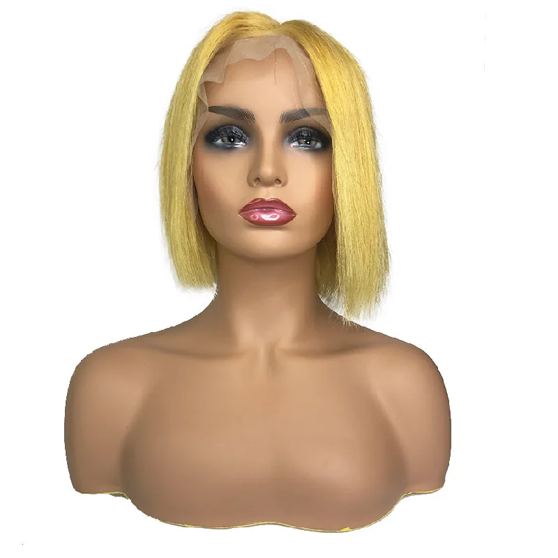 wigs for creating sophisticated, sleek styles-Remy Straight 13"X 6"Lace Frontal Bob Wig Yellow