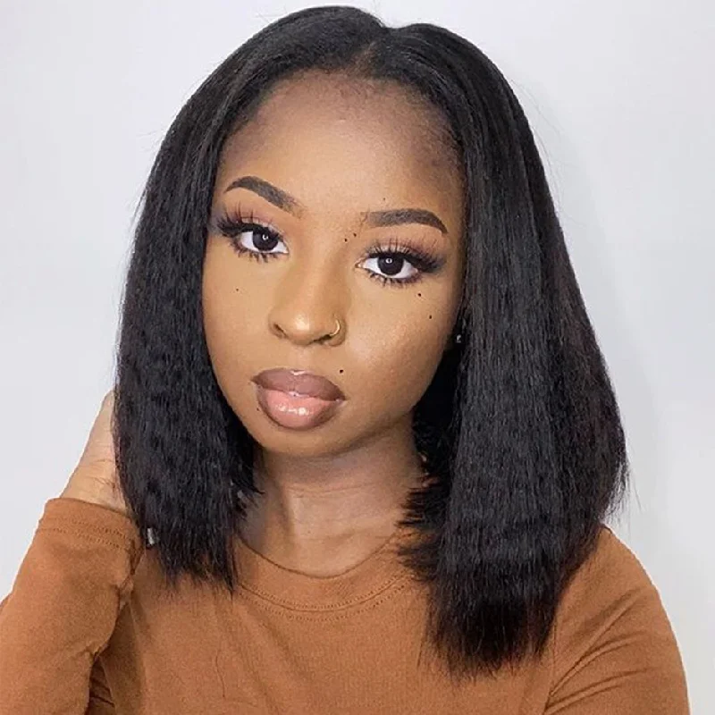 wigs for creating sophisticated, sleek styles-MORE FACE Wear Go Bob Wig Kinky Straight Glueless Wig 6x4 HD Pre-Cut Lace Wigs Ready to Wear Go Wig