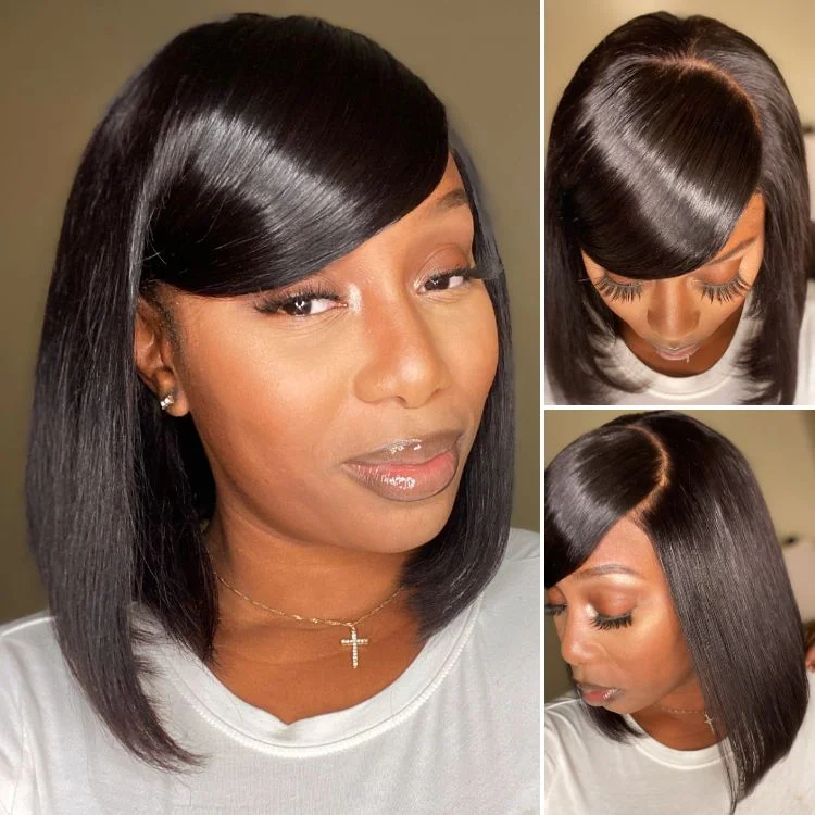 wigs for adding texture and bounce to hair-Worth | Swoop Bangs Breathable Cap Deep Left C Part Silky Straight Glueless 5x5 Closure Lace Wig